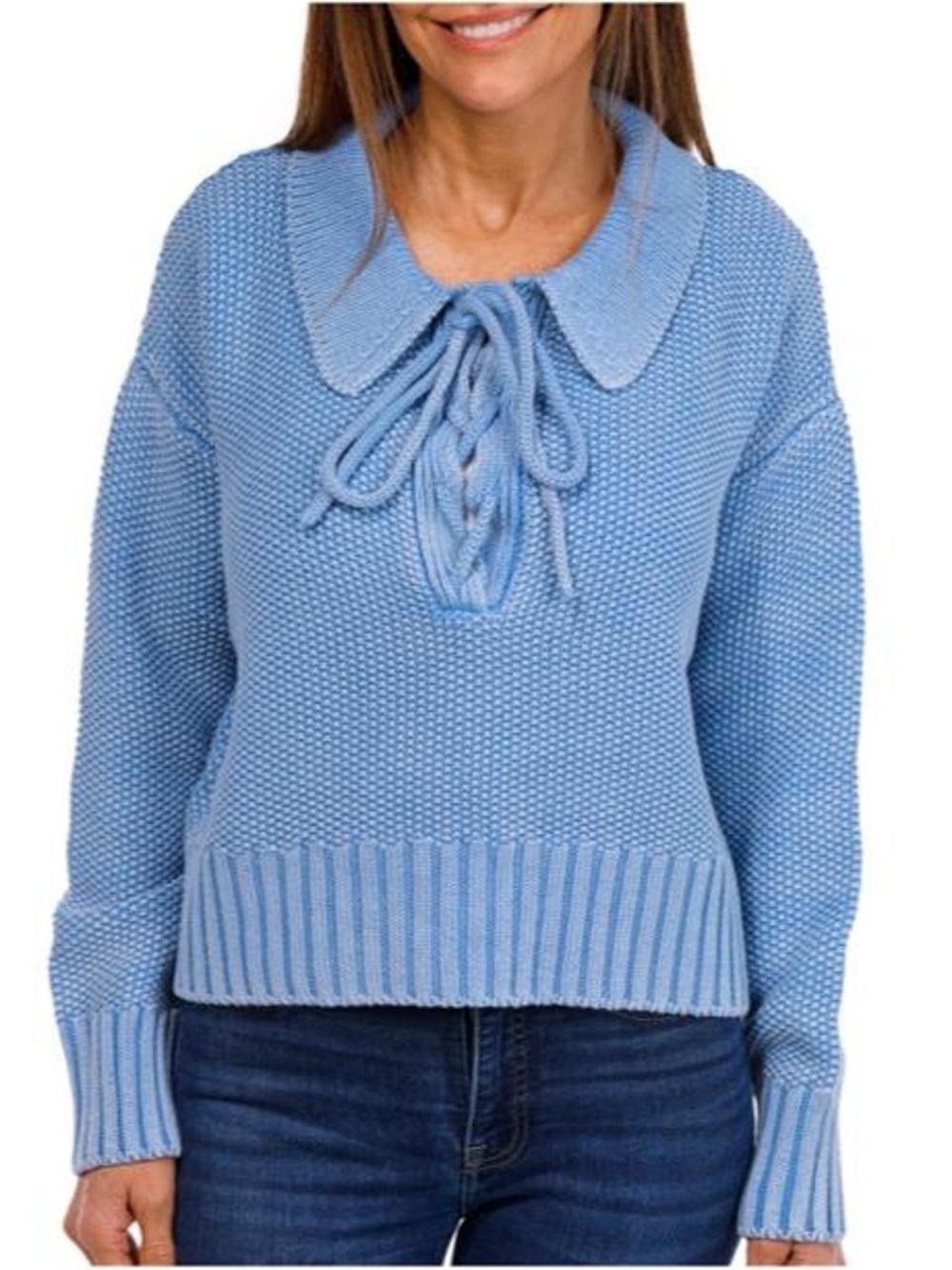 NWT Splendid Light Blue Knit Sweater with Lace-Up front and collar Size XS